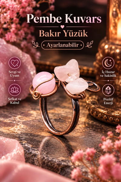 NBS Beautiful Naturel Stones Ring Pink Quartz Pure Copper Adjustable Hand Cra...