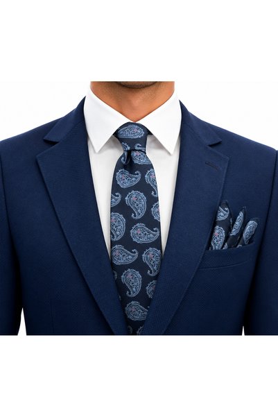 Brianze 7 cm Navy Blue Shawl Pattern Tie Handkerchief Set