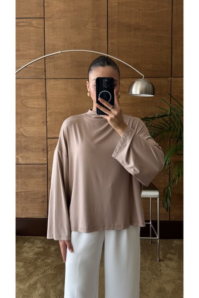 YOUR NAME Dik Yaka Oversize Dökümlü Uzun Kol Vizon Bluz