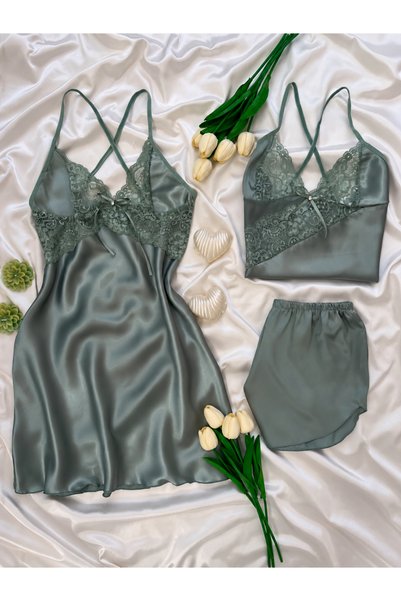 Lena Homewears Kadın 3'lü Saten Gecelik Şort Çeyiz Seti