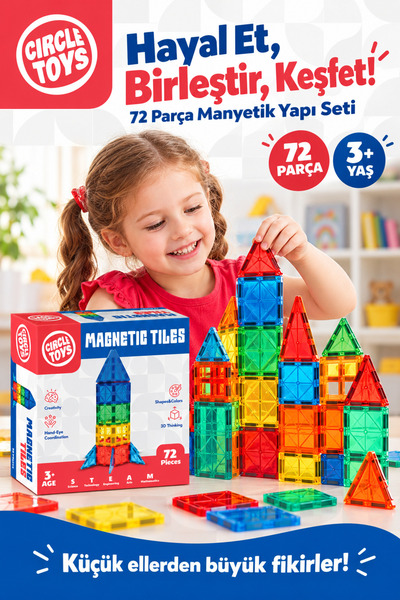 Circle Toys Magnetic Tiles Manyetik Yapı Blokları 72 Parça 3D STEAM Eğitici Ç...