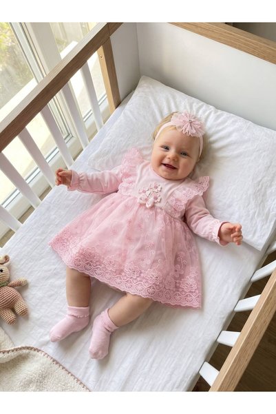 Miniday Baby Baby Girl Christening Dress with Bandana, Lace, Newborn Hospital...