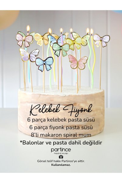 partince 3 Parça Makaron Spiral Mumlu Kelebek Fiyonk Pasta Süsü Ve Doğum Günü Pasta Süsleme Seti