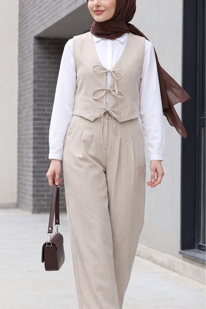 HİJABAYA Tie-Front Vest, Trousers, Long Sleeve Hijab, Velvet Suit - Beige