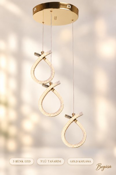 Begüsa Vena 3 Renk Ledli 3.Lü Avize Gold, 3 Renk Ledli Modern Aydınlatma, Gol...