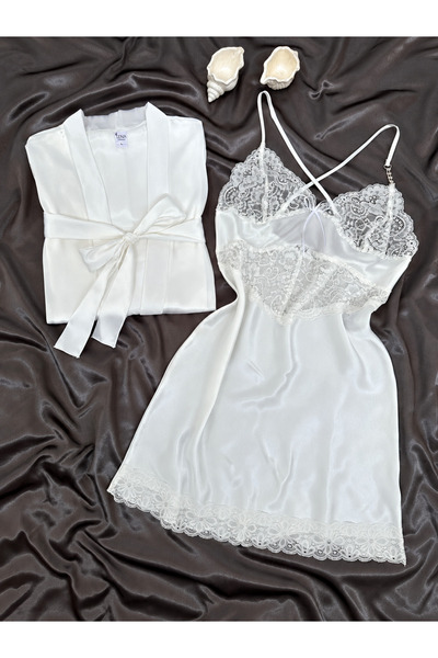 Lena Homewears Saten İkili Ekru Bride Gecelik Sabahlık Seti