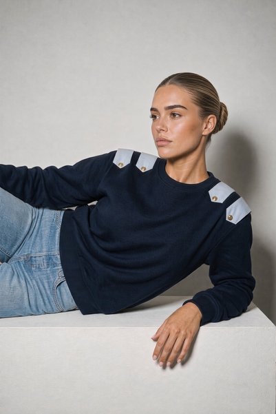 Amia&Co. Women's Navy Blue Epaulet Button Detailed Oversize Sweatshirt