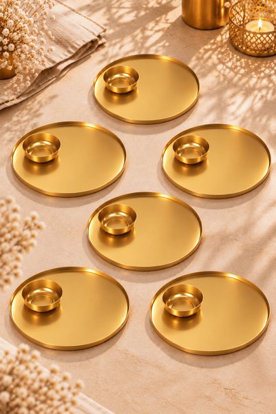 Sarkap Home 6'lı 24 cm Sunumluk Tepsi ve 6'lı 7,6x2,7 cm Lokumluk Seti - Gold