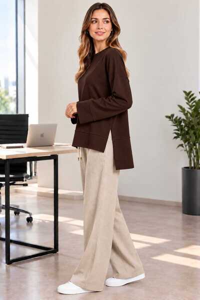 Soul Tunik Bluz Basıc Yanları Yırtmaç Detaylı KAHVERENGİ