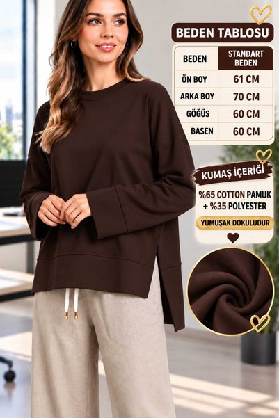Soul Tunik Bluz Basıc Yanları Yırtmaç Detaylı KAHVERENGİ