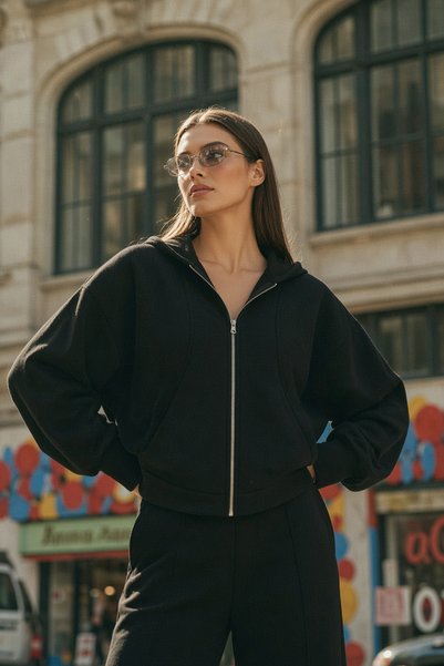 Amia&Co. Swea cu glugă pentru femei cu fermoar negru tricou
