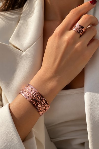Miray hediyelik Copper Handcrafted Handcuff Ring Set