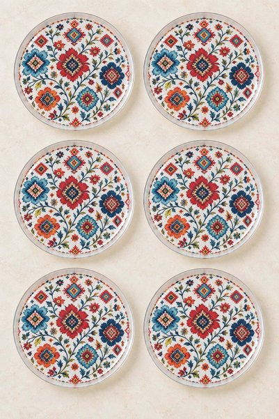 Ahenk Ev&Sofra Set of 6 Glass Dessert Plates - Anatolian Floral Print, 16 cm ...