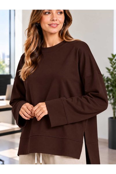 Soul Tunik Bluz Basıc Yanları Yırtmaç Detaylı KAHVERENGİ