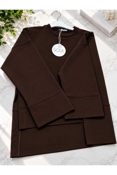 Soul Tunik Bluz Basıc Yanları Yırtmaç Detaylı KAHVERENGİ