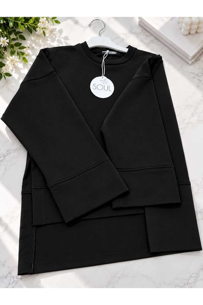 Soul Tunik Bluz Basıc Yanları Yırtmaç Detaylı SİYAH