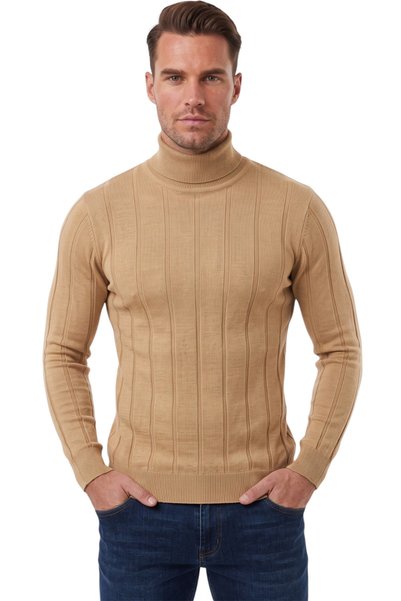Rizz up Men's Slim Fit Full Turtleneck Striped Camel Knit Sweater 2505504