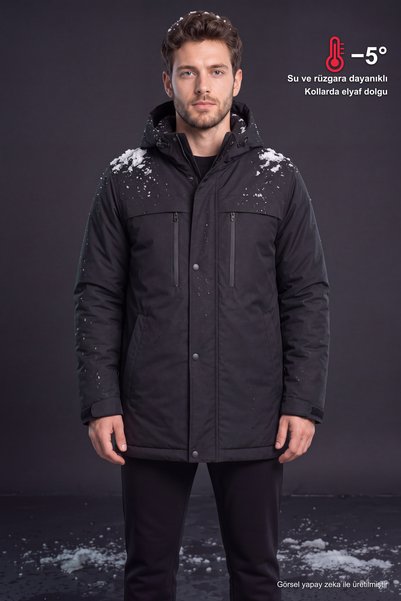 Freemen Herren-Wintermantel, Mantel und Parka aus schwarzem Fleece mit wasser...