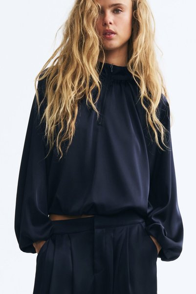 H&M Balon Kollu ve Yarım Fermuarlı Bluz
