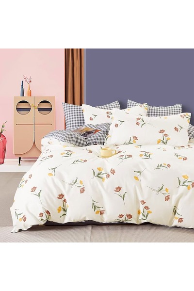 Ralex Lenjerie de pat dublă 6 piese Percale 100% bumbac, Modern Crem/Gri, Puc...