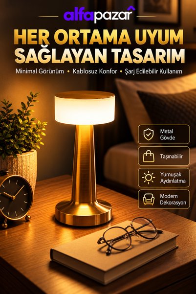 alfapazar e-ticaret GHN Kablosuz Renkli Masa ve Gece Lambası Altın Rengi Doku...
