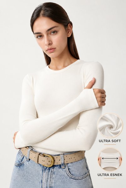 Bled Women's Ecru Crew Neck Long-Sleeved Stretch Body Blouse with Fingerholes...