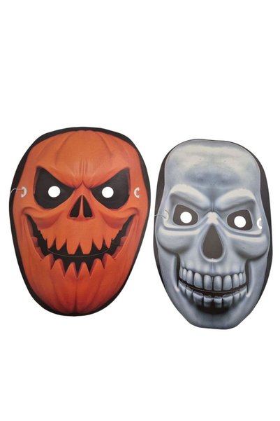 partidolu Arkadan Lastikli Balkabağı ve İskelet Halloween Karton Maskesi 2 Adet