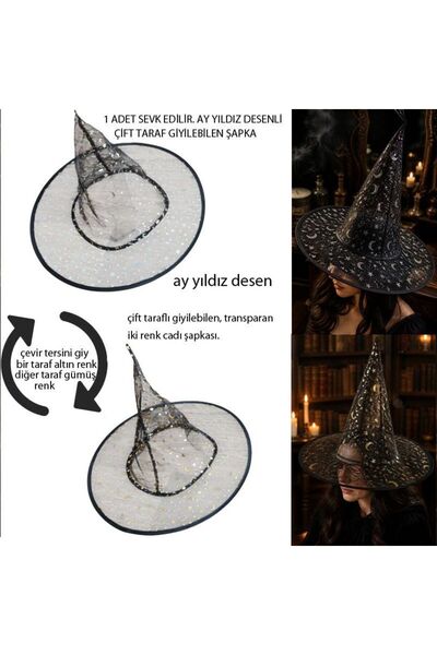 partidolu Ayyıldız Desenli Çift Taraflı İnce Tül Transparan Halloween Cadı Şa...