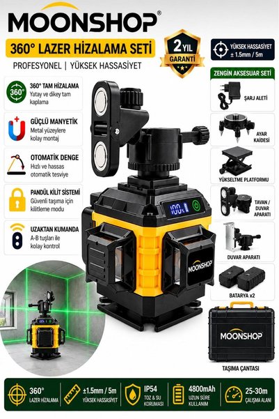 MOONSHOP Pro Alman Kaucuk 360° 12 Köşe Otomatik Hizalamalı Çizgili Lazer Metr...