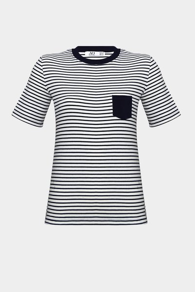 Açelya Okcu Premium Striped Pocket Detailed Short Sleeve Cotton T-Shirt