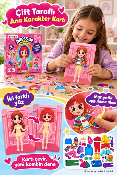 TOYFEST Manyetik 10 Kartlı Kız Giydirme Oyunu Toplam 51 Parça Çift Taraflı Karakter Kombin Yapma Seti
