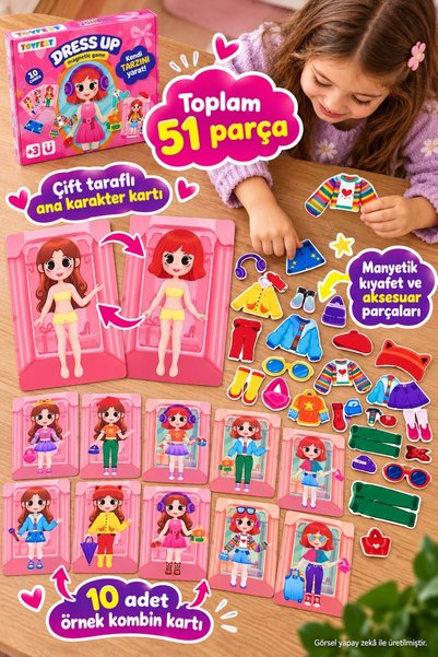 TOYFEST Manyetik 10 Kartlı Kız Giydirme Oyunu Toplam 51 Parça Çift Taraflı Karakter Kombin Yapma Seti