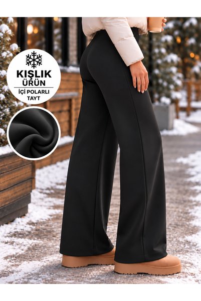 Fioria Kadın Siyah Kışlık İçi Polarlı Önü Nervürlü Geniş Kalıp Bol Paça Modal...