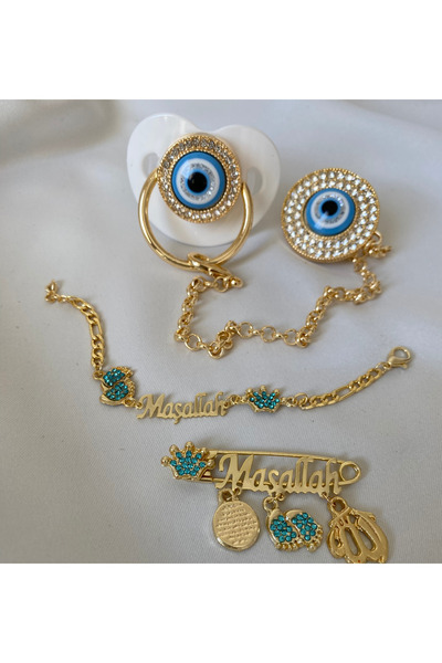 tiny wood Gold Plated Evil Eye Beaded Zircon Pacifier Set - Mashallah Needle ...