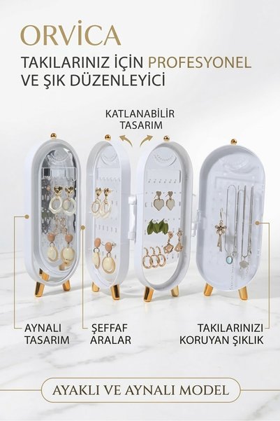 ORVİCA Jewelry Earrings Ring Mirror Foldable Jewelry Box Organizer and Standing Jewelry Stand