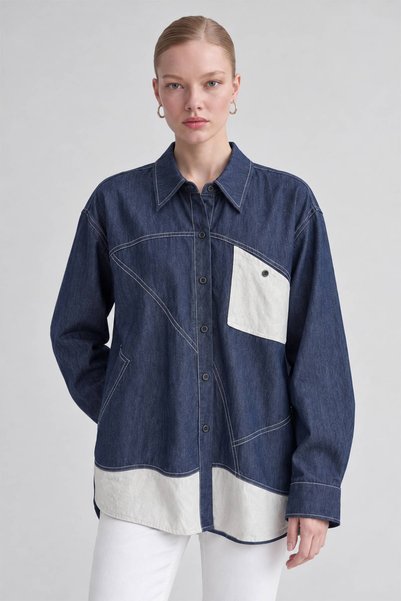 Levidor White Pocket Denim Shirt Blue