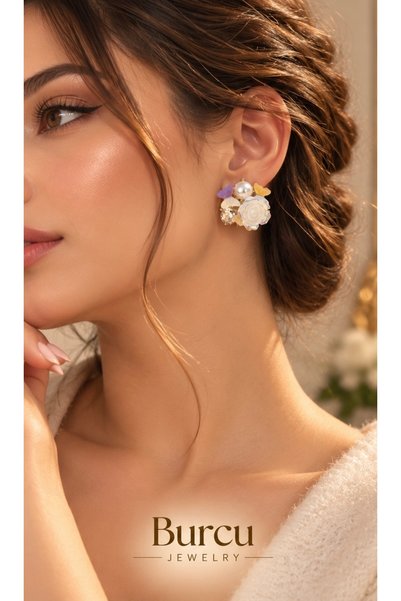 BURCU JEWELRY "Dream of a White Rose" Butterfly-Shaped Pearl-Stone Embellishe...