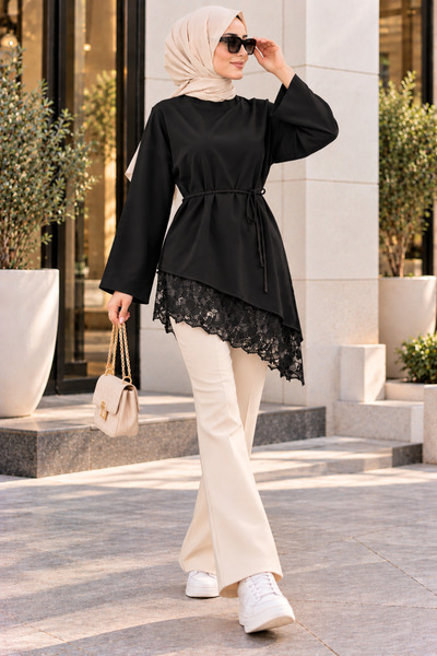 aymiraa Women's Modest Lace-Detailed, Tie-Detail Asymmetrical Tunic