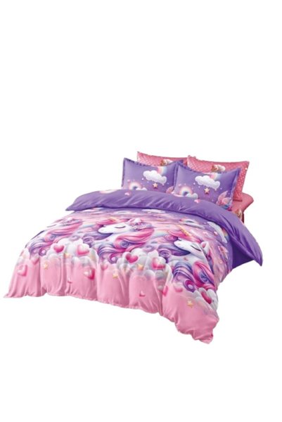 OEM Lenjerie de pat dublu, cearșaf reversibil/elastic, 6 piese, imprimeu anim...