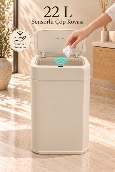 Funny Life 22 Litre Sensörlü Çöp Kovası Bej - Mutfak Banyo Çöp Kutusu