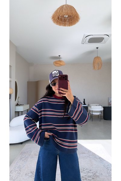 Buket Teke Burgundy and Navy Striped Two-Ply Sweatshirt
