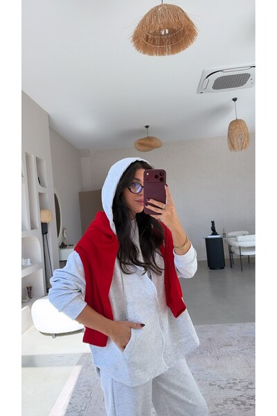 Buket Teke هودي مودال رمادي ممزوج مع جيوب وسحّاب.
