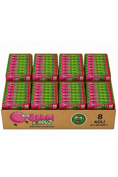 Big Babol علكة بالون بنكهة البطيخ ومحشوة بالمسحوق، 20 جرام × 28 قطعة × 8 عبوات.