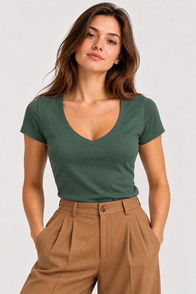 PROLET Women's 100% Cotton V-Neck Short-Sleeve Basic T-Shirt - Forest Green