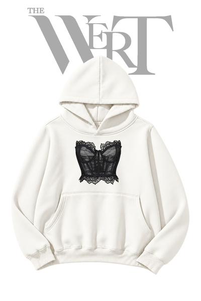 THEWERT Bustier-Style White Hooded Sweatshirt with Lace Front Print (2-Ply)
