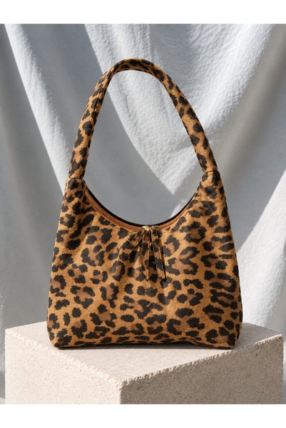 SHYBAGS Kadın Leopar Desenli Fermuarlı Omuz Çantası Taba Siyah