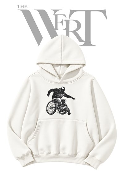 THEWERT Wheelchair Stunt Pre-Printed White Hooded Sweatshirt (2-Ply)