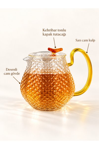 Miter Borosilikat Cam Isıya Dayanıklı Gold Saplı Bitki Çayı Demliği 550 ml De...