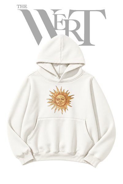 THEWERT Sun Face White Hooded Sweatshirt with Front Print (2-Ply)