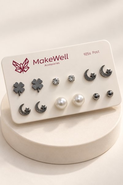 MakeWell مجموعة من 6 أزواج من الأقراط الفولاذية، لون فضي، بتصميمات مختلفة، مع...